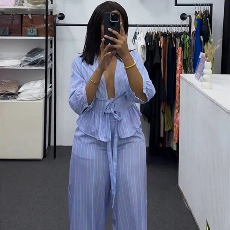 Women's Striped V-Neck Shirt & Wide Leg Pants Set