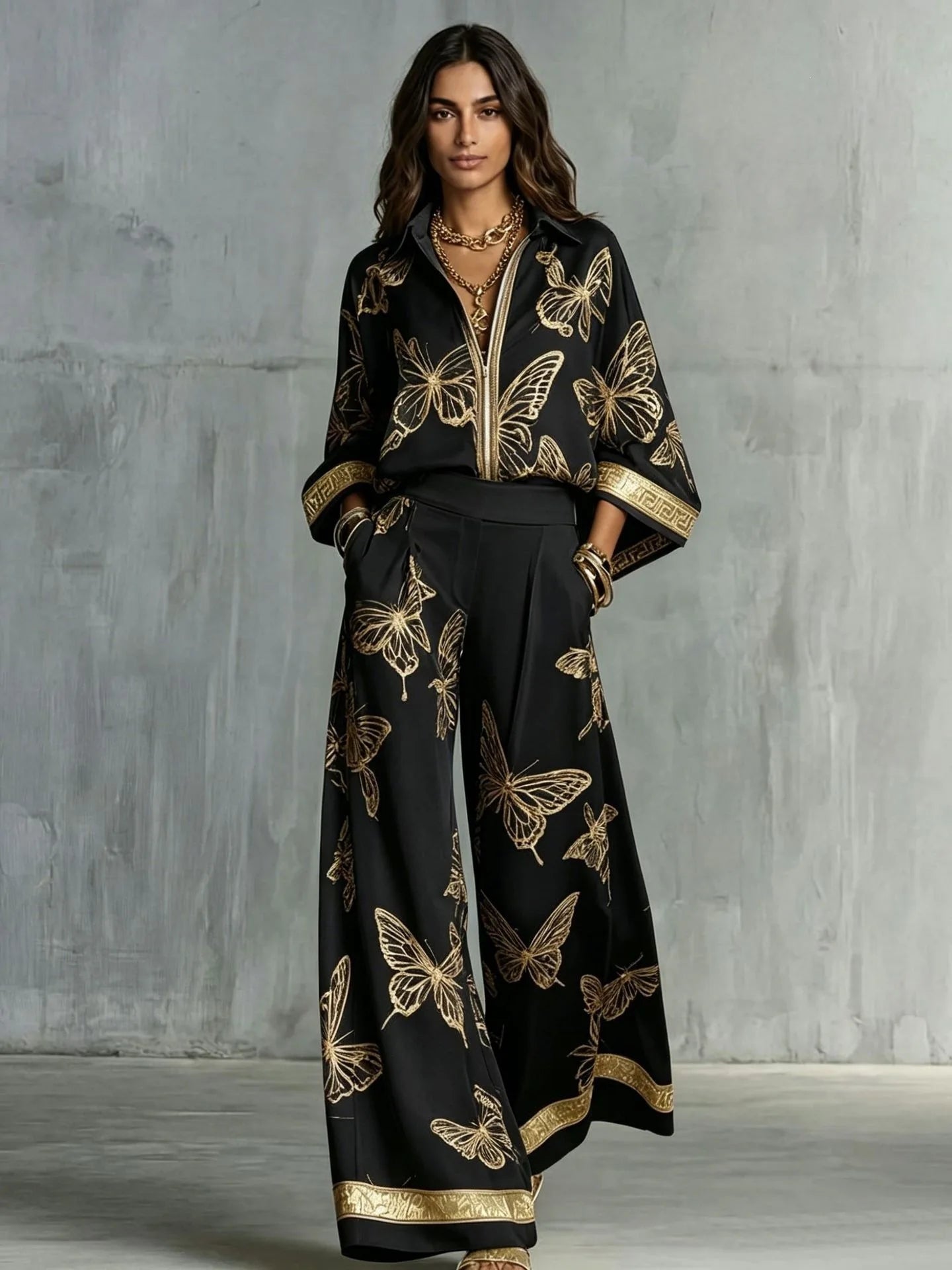 Retro Butterfly Print 2 Piece Set Lapel Zipper Solid Shirt Top + Wide Leg Trousers Holiday  Pants Set Matching Suit Outfit 2026