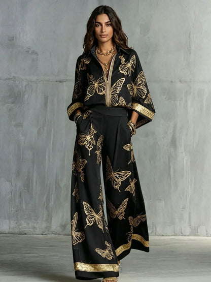 Retro Butterfly Print 2 Piece Set Lapel Zipper Solid Shirt Top + Wide Leg Trousers Holiday  Pants Set Matching Suit Outfit 2026