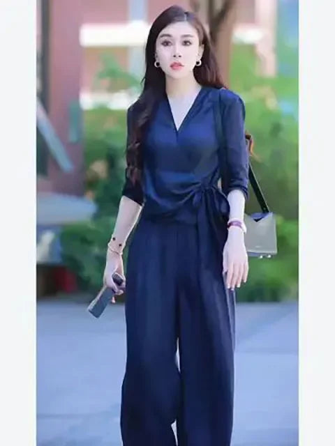 Women's V-Neck Shirt & Wide Leg Pants Set