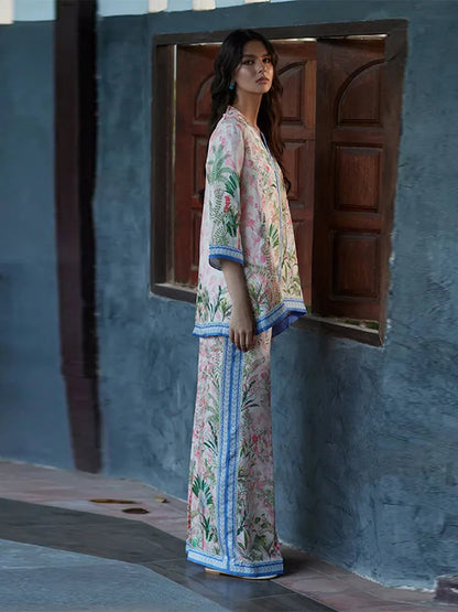 Women's Printed V-Neck Top & Wide Leg Pants Set