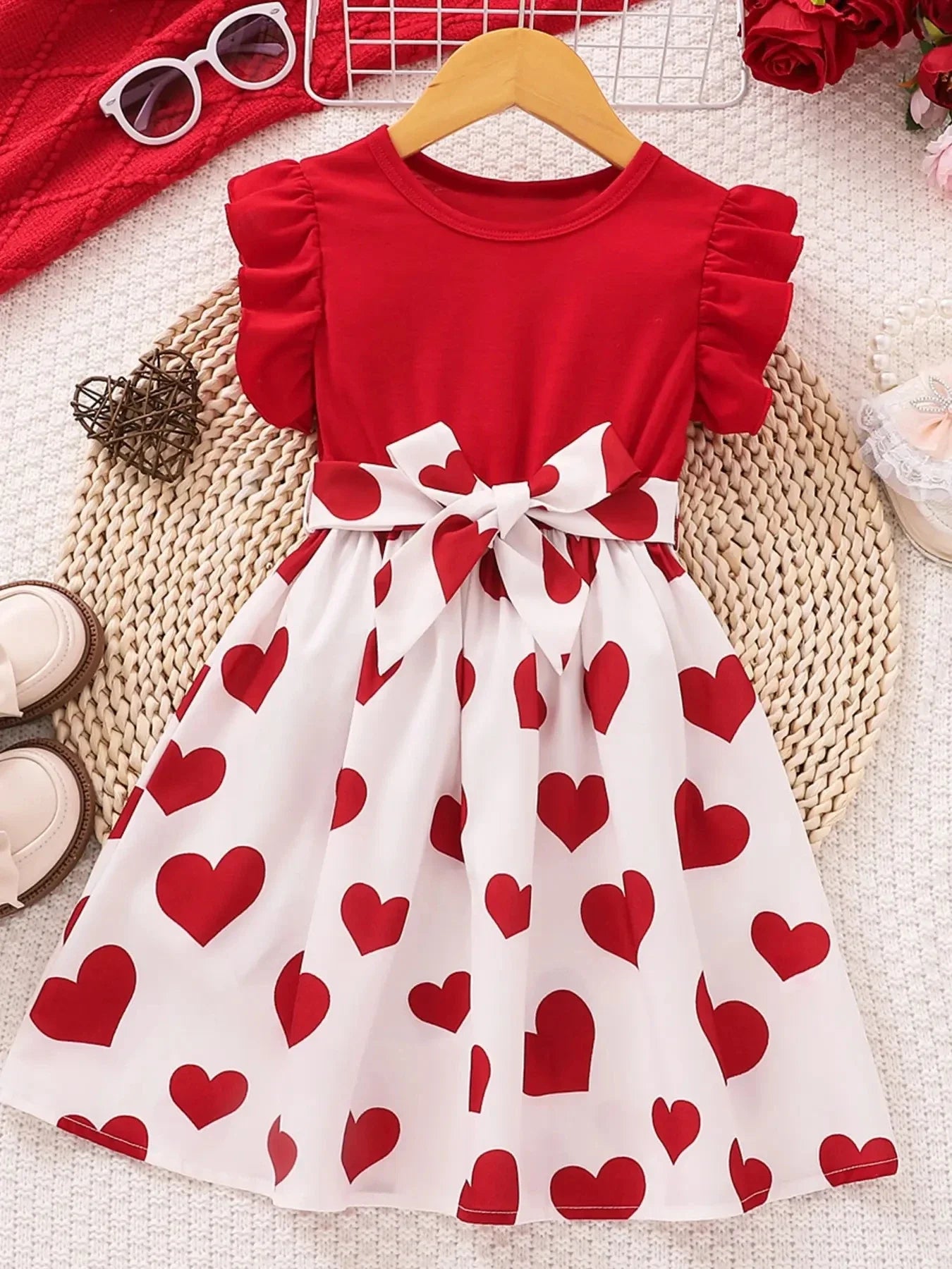 2026 Girls Red Heart Princess Dress