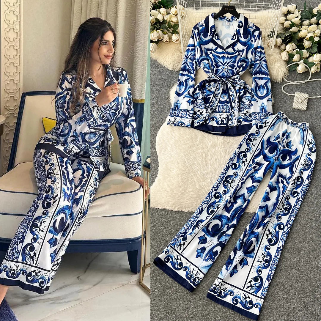 Women's Printed Shirt & Wide Leg Pants Set