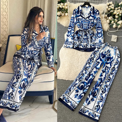 Women's Printed Shirt & Wide Leg Pants Set