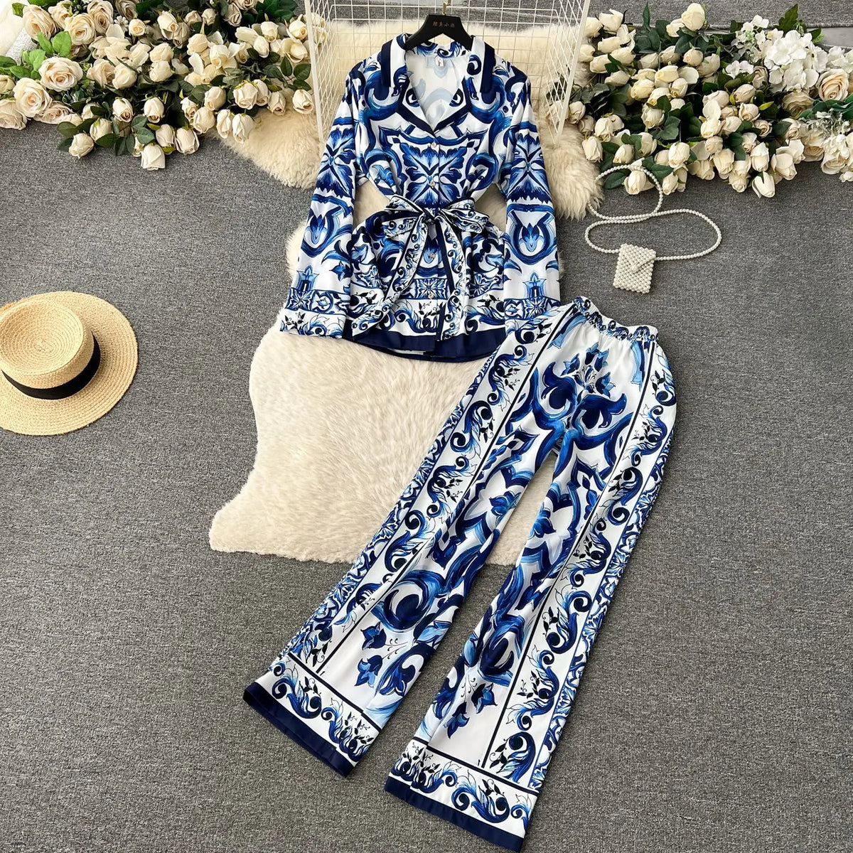Women's Printed Shirt & Wide Leg Pants Set