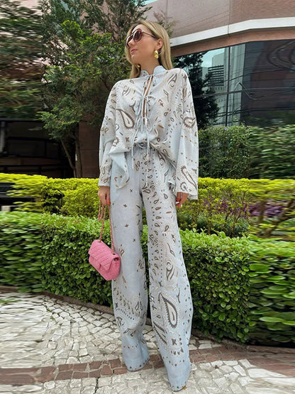 Women's Printed Lace-Up Shirt & Wide Leg Pants Set