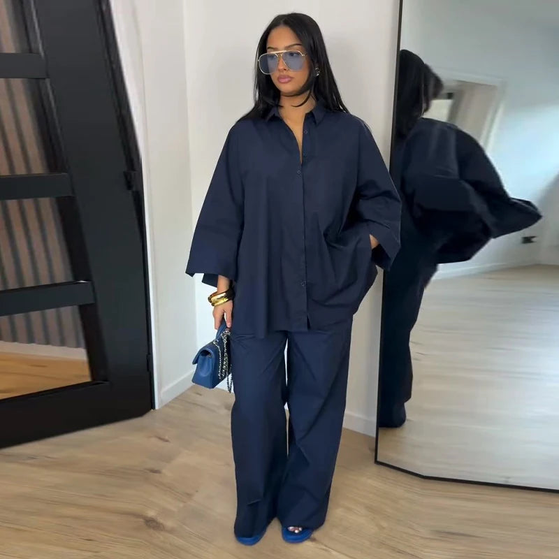 Women's Striped Shirt & Wide Leg Pants Set