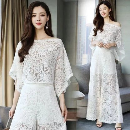 Women's Lace Shawl & Wide Leg Pants Set