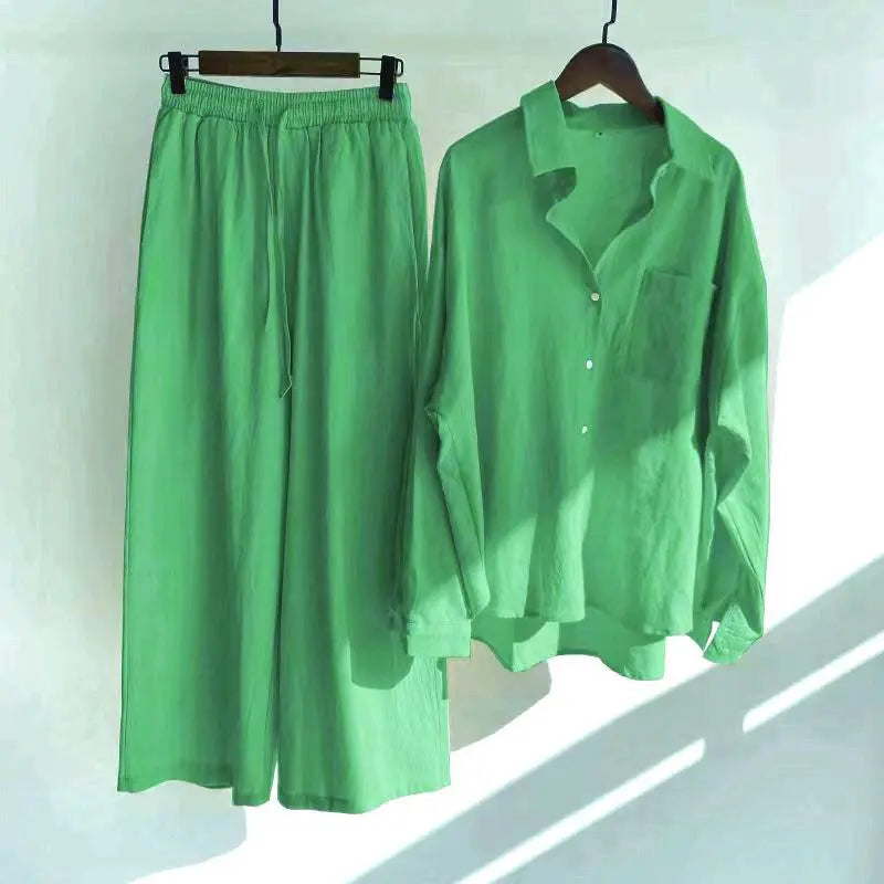 2 pieces women sets 2026 retro solid colorcotton linen shirt+high-waisted loose trousers sets women's clothing