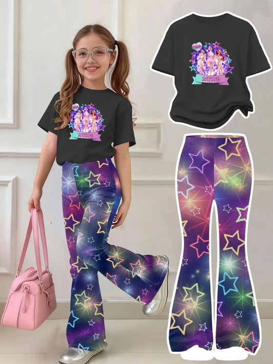 Girls Black Graphic Tee & Star Flared Pants Set