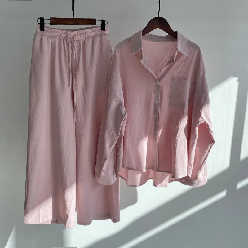 2 pieces women sets 2026 retro solid colorcotton linen shirt+high-waisted loose trousers sets women's clothing