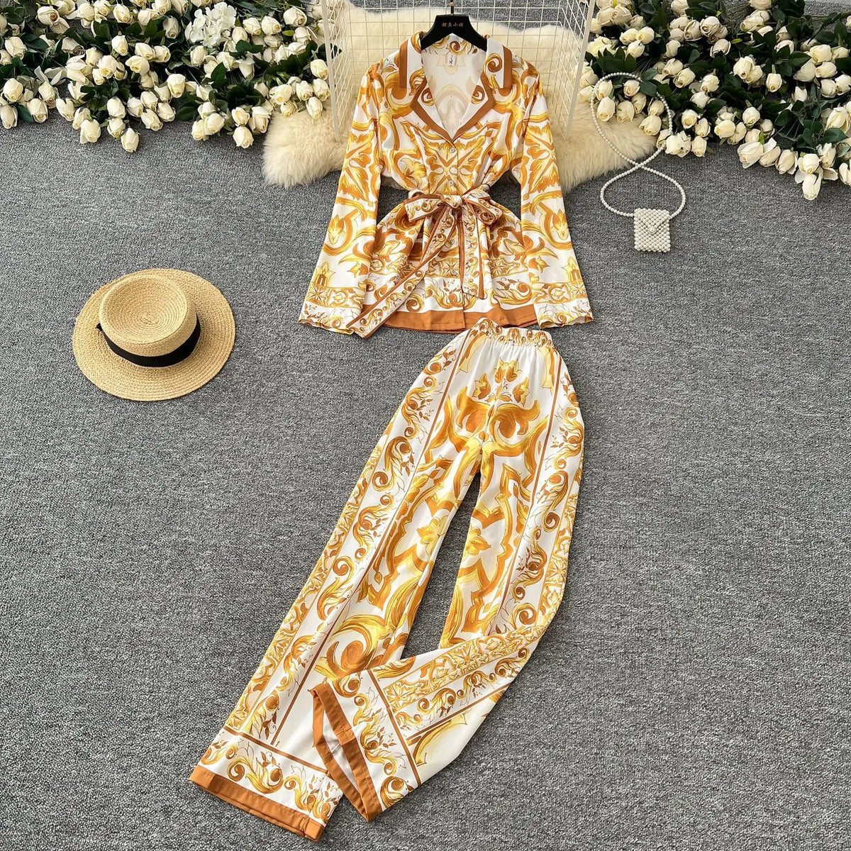 Women's Printed Shirt & Wide Leg Pants Set