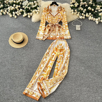 Women's Printed Shirt & Wide Leg Pants Set