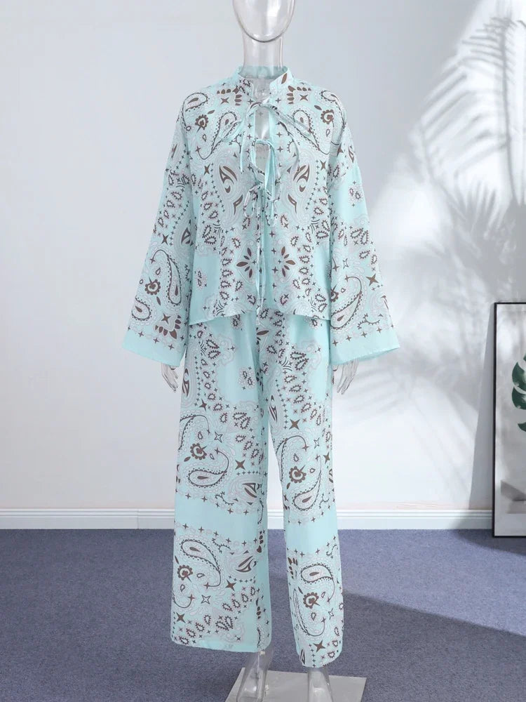 Women's Printed Lace-Up Shirt & Wide Leg Pants Set
