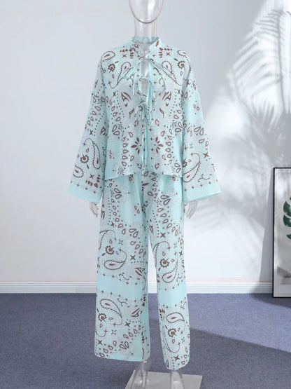 Women's Printed Lace-Up Shirt & Wide Leg Pants Set