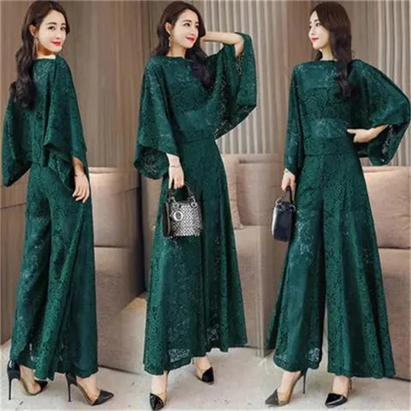 Women's Lace Shawl & Wide Leg Pants Set