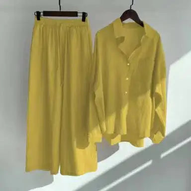 2 pieces women sets 2026 retro solid colorcotton linen shirt+high-waisted loose trousers sets women's clothing