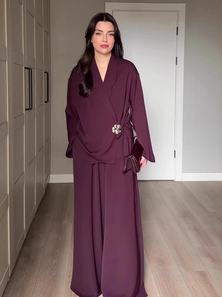 Women's V-Neck Jacket & Wide Leg Pants Set