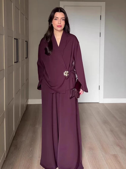 Women's V-Neck Jacket & Wide Leg Pants Set