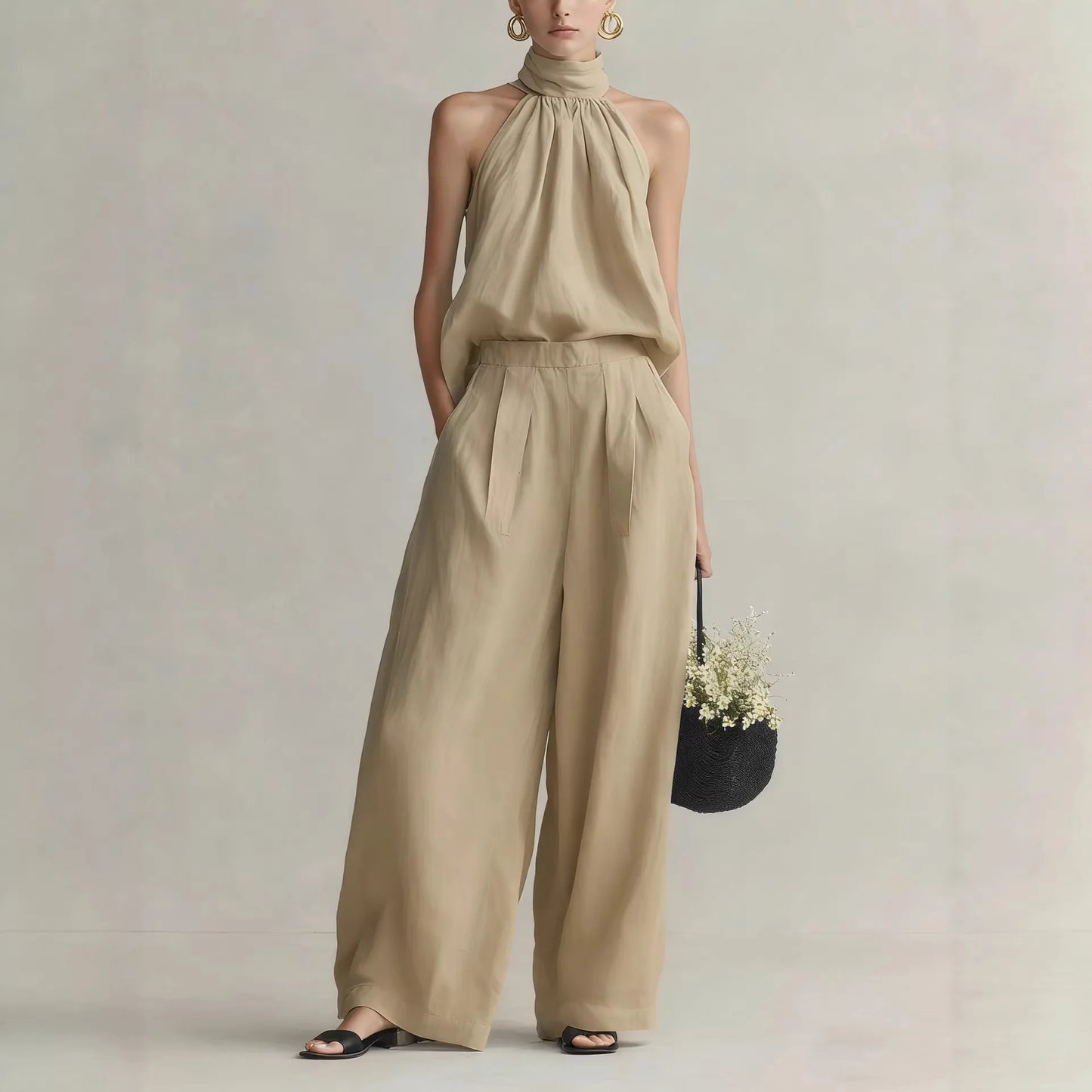 Women's 2026 Summer New Style Sleeveless Neck-Hanging Top + High-Waisted Drapey Wide-Leg Pants Leisure Set