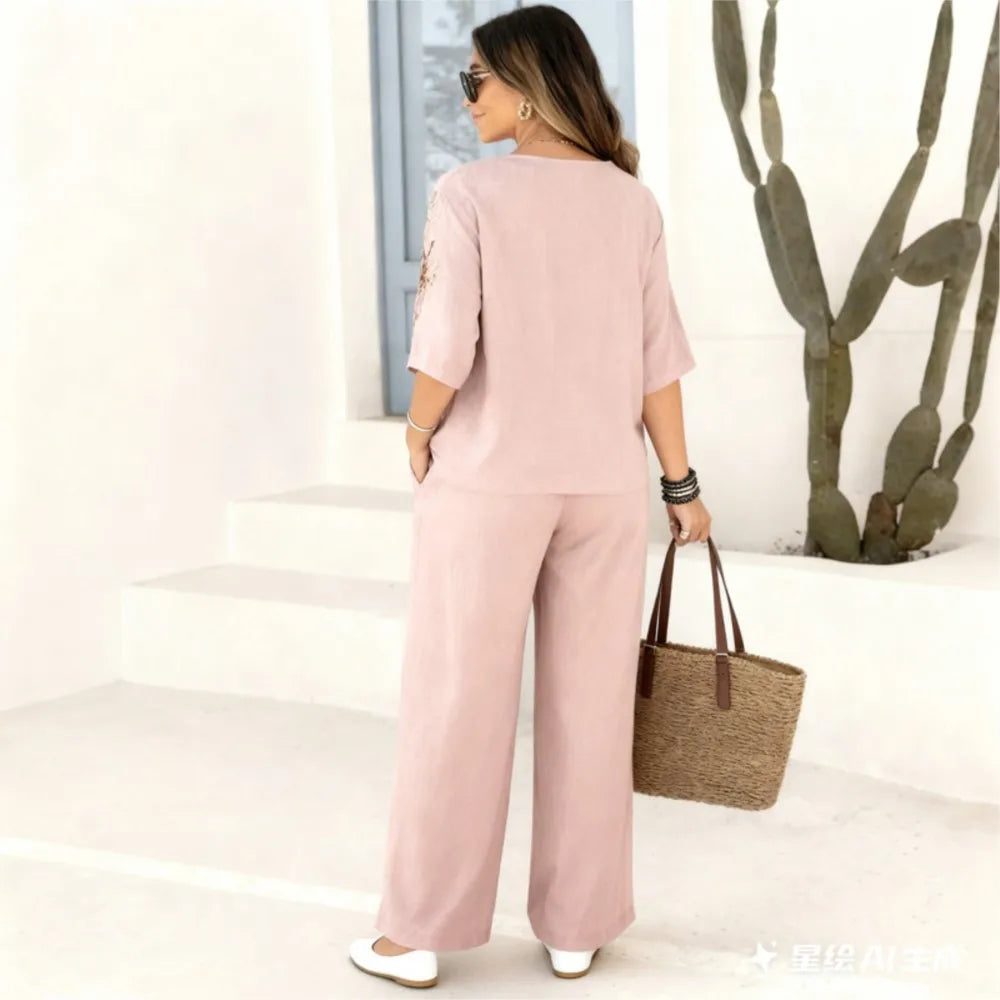 Women's Embroidered Top & Wide Leg Pants Set
