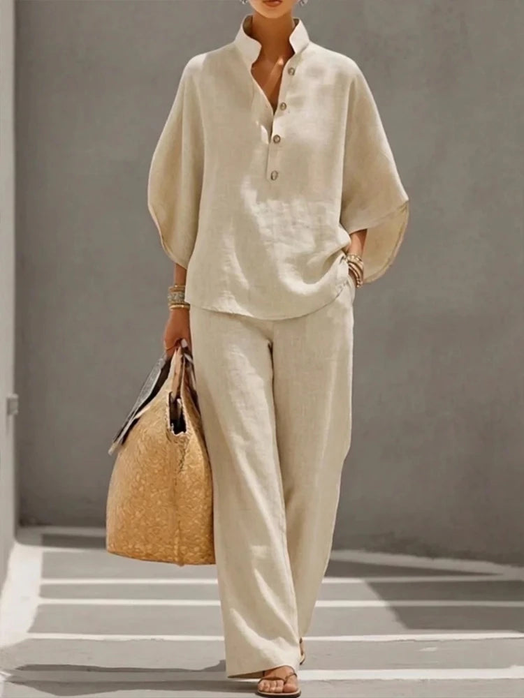2026 Summer Fashion New Women's Cotton and Hemp Two Piece Set Single Breasted Half Open Half Sleeved Top Pants Commuter Set