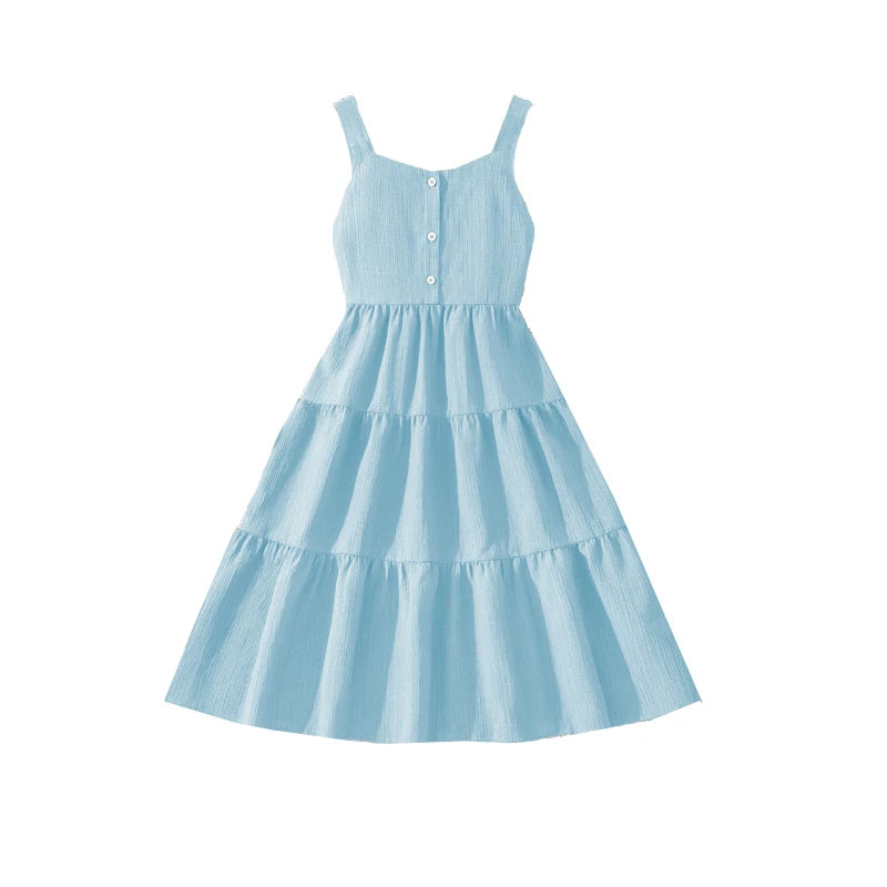 Girls 8–12Y Green Sleeveless Tiered Dress with Back Bow