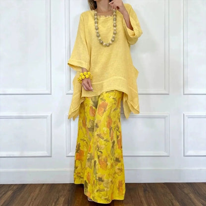 Women's Floral Linen Top & Wide Leg Pants Set