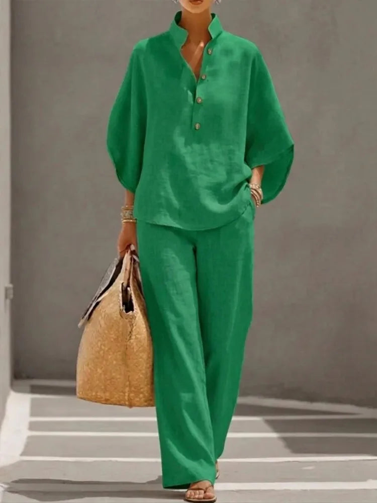 2026 Summer Fashion New Women's Cotton and Hemp Two Piece Set Single Breasted Half Open Half Sleeved Top Pants Commuter Set