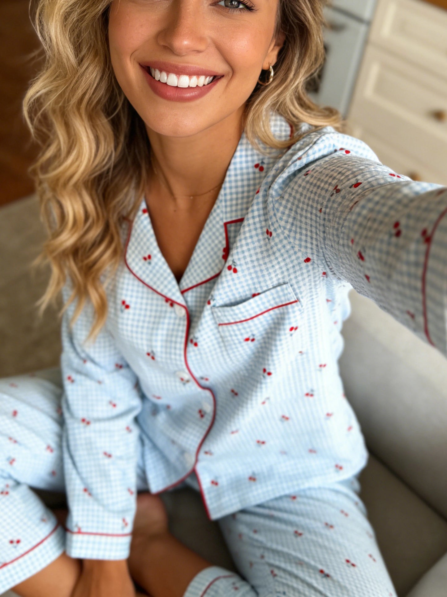 Women's Cherry Print Pajama Set Long Sleeve