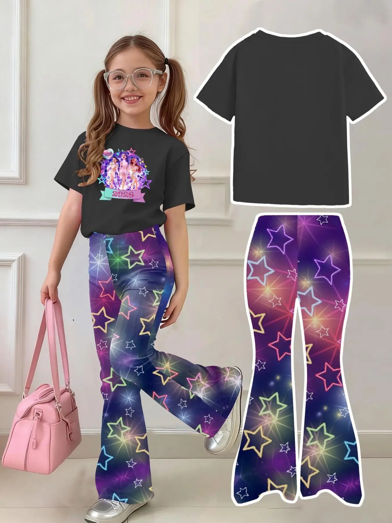 Girls Black Graphic Tee & Star Flared Pants Set