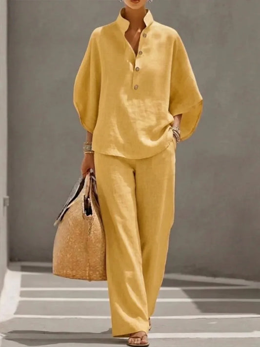 2026 Summer Fashion New Women's Cotton and Hemp Two Piece Set Single Breasted Half Open Half Sleeved Top Pants Commuter Set