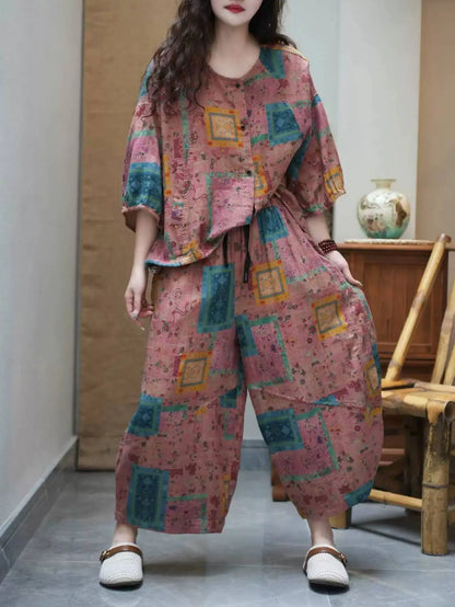 Printed Thin Suit Women Summer Loose Casual Linen Plus-size Ethnic Style Color-blocked Top + Pants Two Piece Set XY405