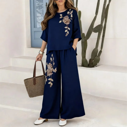 Women's Embroidered Top & Wide Leg Pants Set