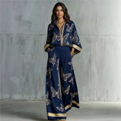 Retro Butterfly Print 2 Piece Set Lapel Zipper Solid Shirt Top + Wide Leg Trousers Holiday  Pants Set Matching Suit Outfit 2026