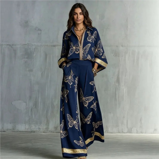 Retro Butterfly Print 2 Piece Set Lapel Zipper Solid Shirt Top + Wide Leg Trousers Holiday  Pants Set Matching Suit Outfit 2026