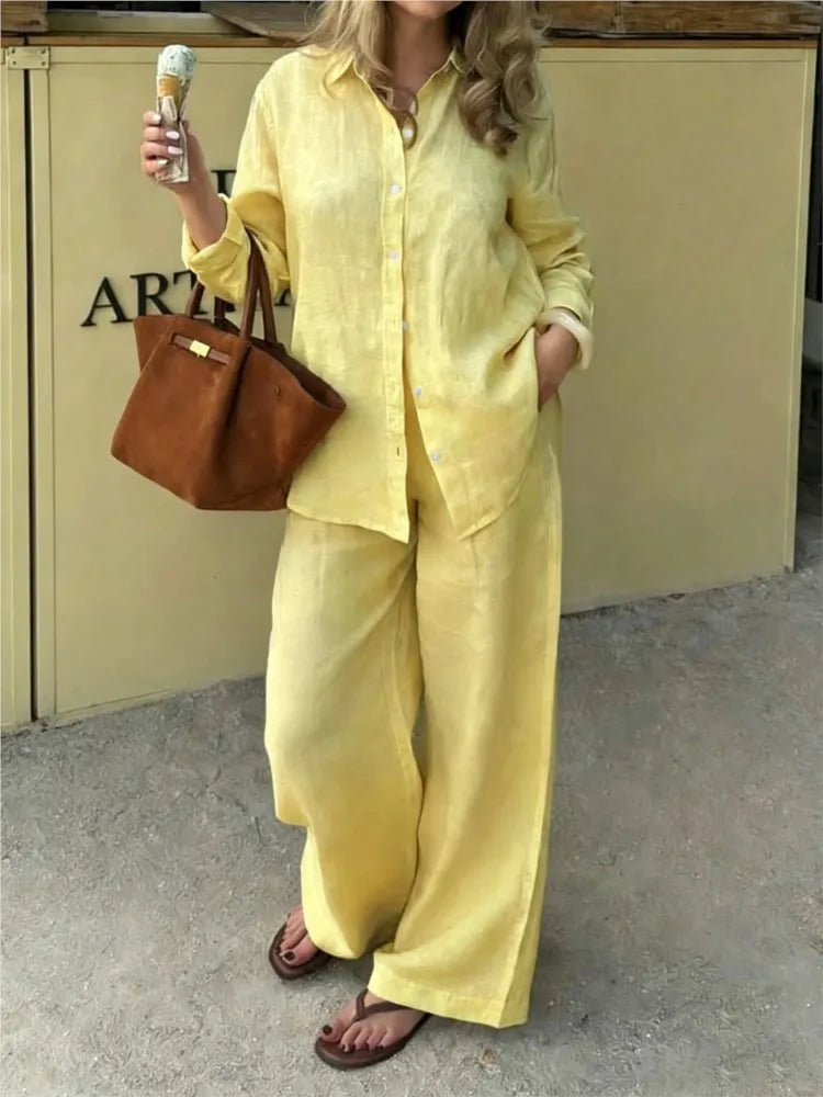 Women's Linen Shirt & Wide Leg Pants Set