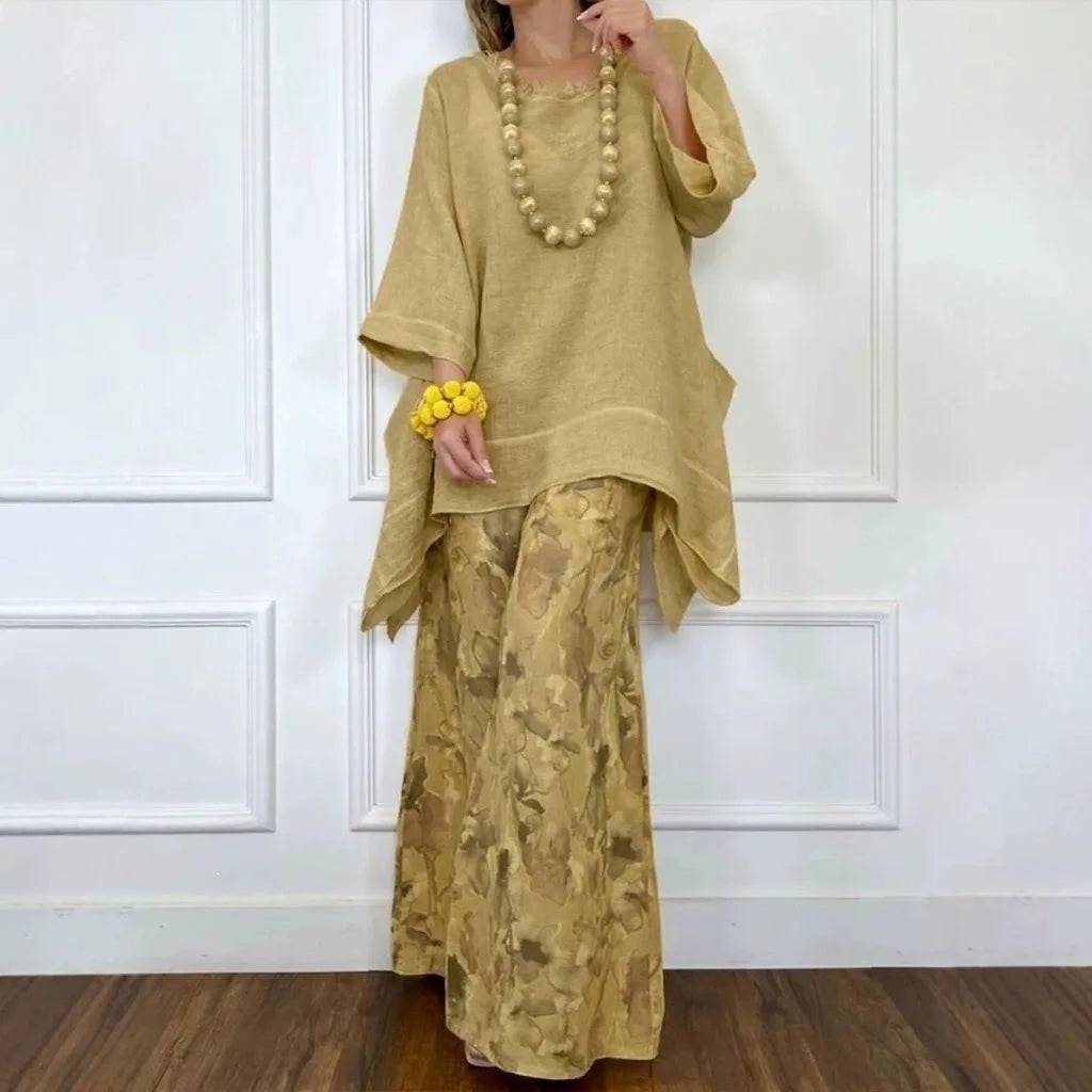 Women's Floral Linen Top & Wide Leg Pants Set
