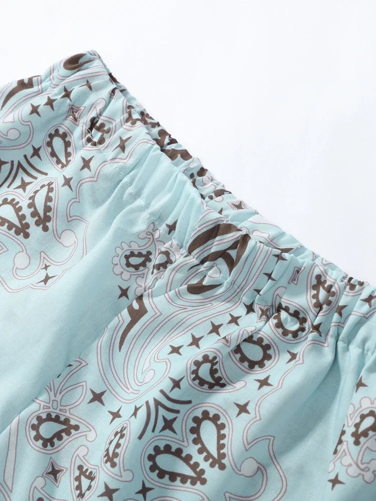 Women's Printed Lace-Up Shirt & Wide Leg Pants Set