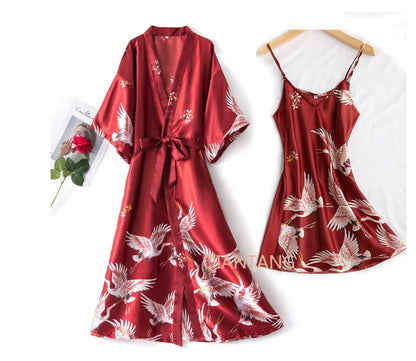 Sexy Women 2PC Silky Nightwear Gown Set V-Neck Pajama Sleepwear
