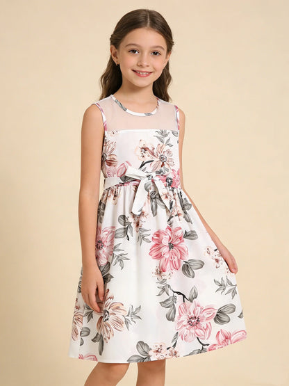 Girls Floral Print Sleeveless Lace Dress 🌸