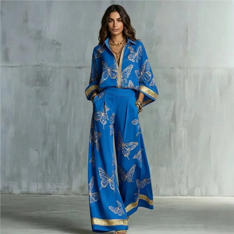 Retro Butterfly Print 2 Piece Set Lapel Zipper Solid Shirt Top + Wide Leg Trousers Holiday  Pants Set Matching Suit Outfit 2026