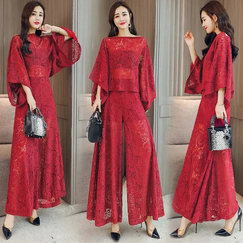 Women's Lace Shawl & Wide Leg Pants Set