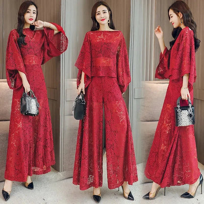 Women's Lace Shawl & Wide Leg Pants Set