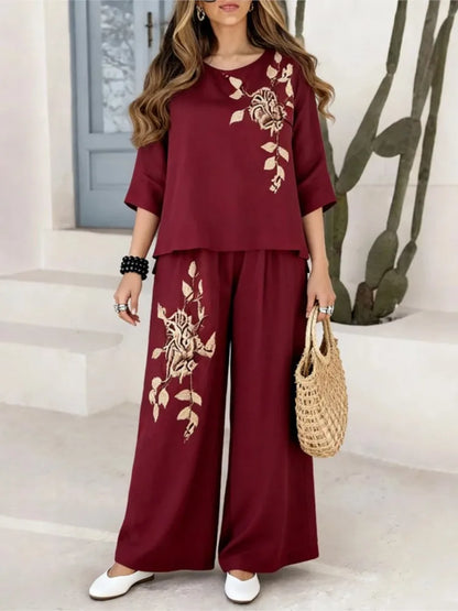 Women's Embroidered Top & Wide Leg Pants Set