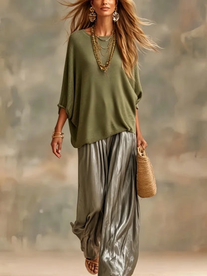 Women's Knit Top & Satin Wide Leg Pants Set