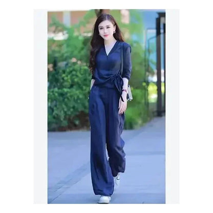 Women's V-Neck Shirt & Wide Leg Pants Set