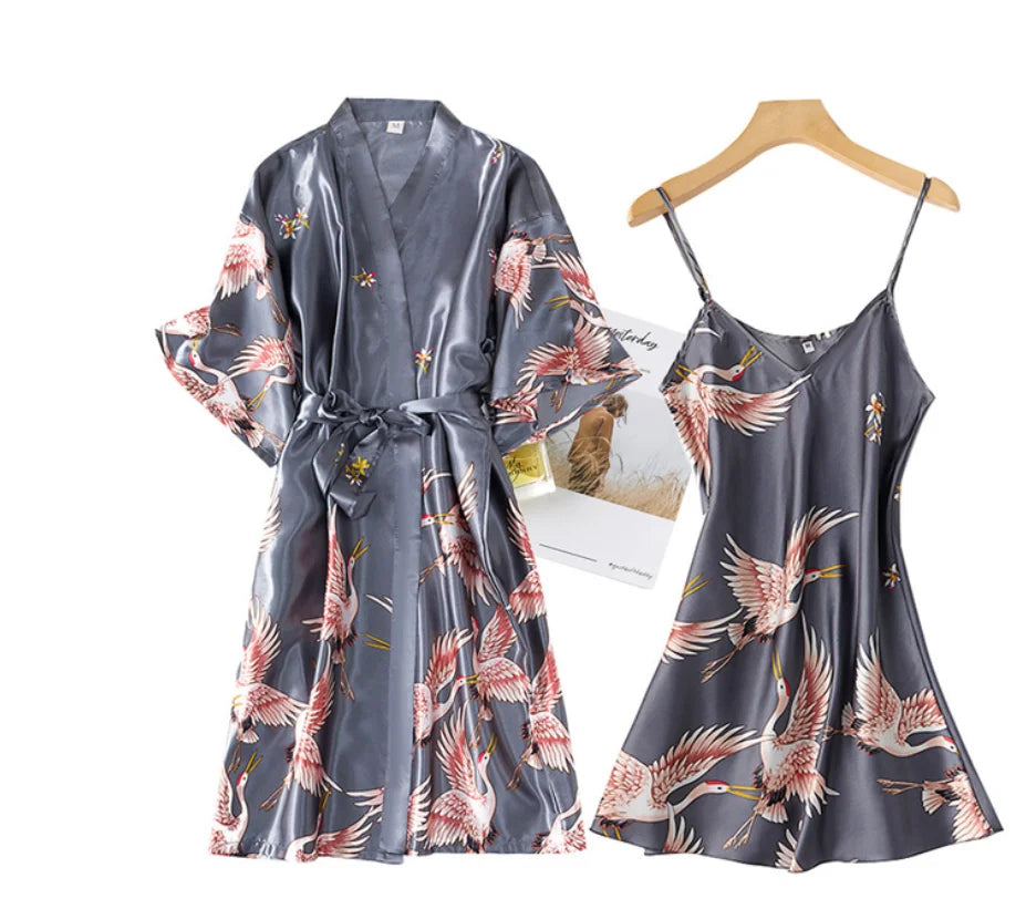 Sexy Women 2PC Silky Nightwear Gown Set V-Neck Pajama Sleepwear