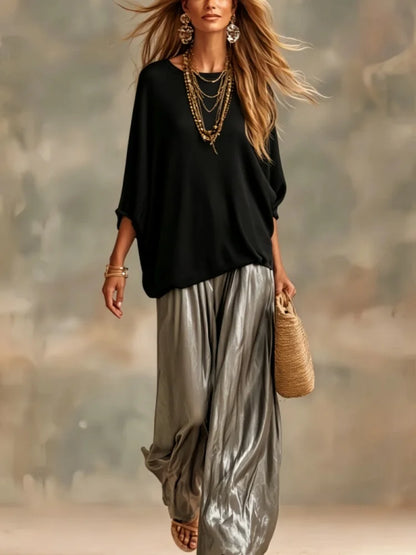 Women's Knit Top & Satin Wide Leg Pants Set