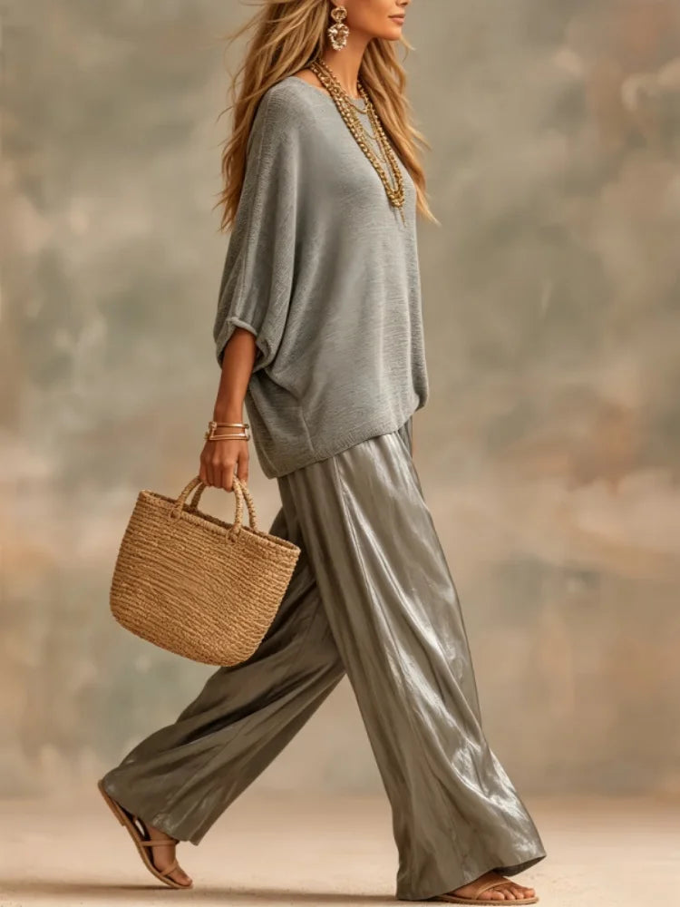 Women's Knit Top & Satin Wide Leg Pants Set